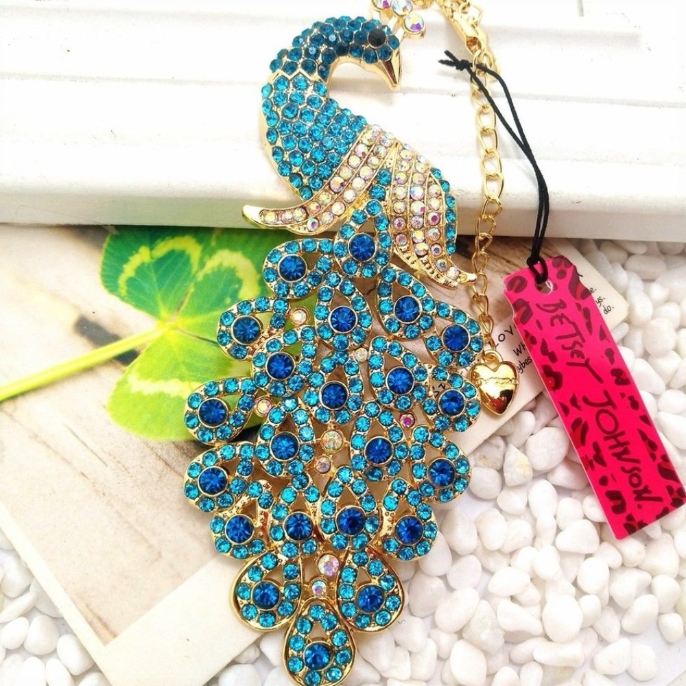 Betsy Johnson Blue Crystal Peacock Necklace
